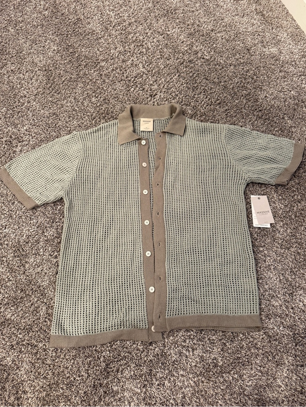 Massive Luxury XL Crochet Knit Button Front 100% Cotton Resort Camp Shirt NWT